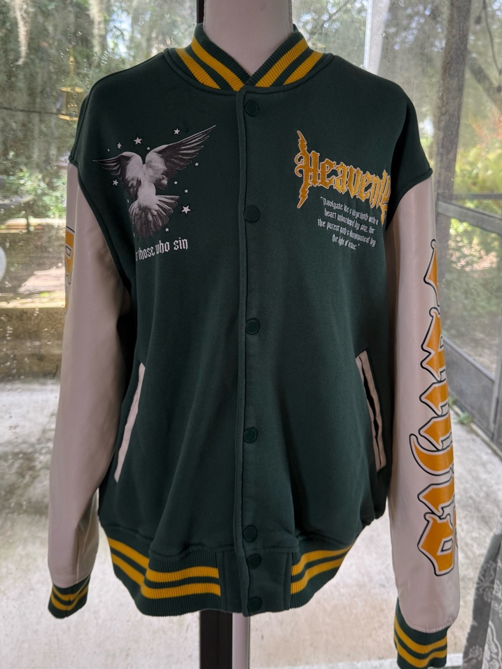 Copper Rivet Heavenly Varsity Jacket Men’s L Green Angel Graphic Streetwear